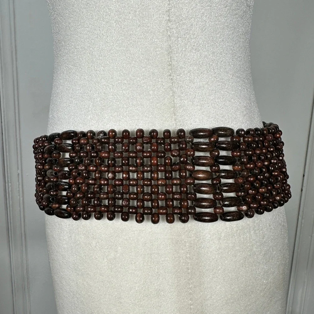 Vintage Brown Wooden Bead Wide Tie Belt Woven Boho Hippie Adjustable Waist